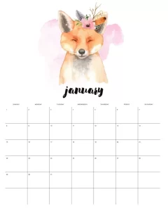 calendario 2023 animais aquarela janeiro