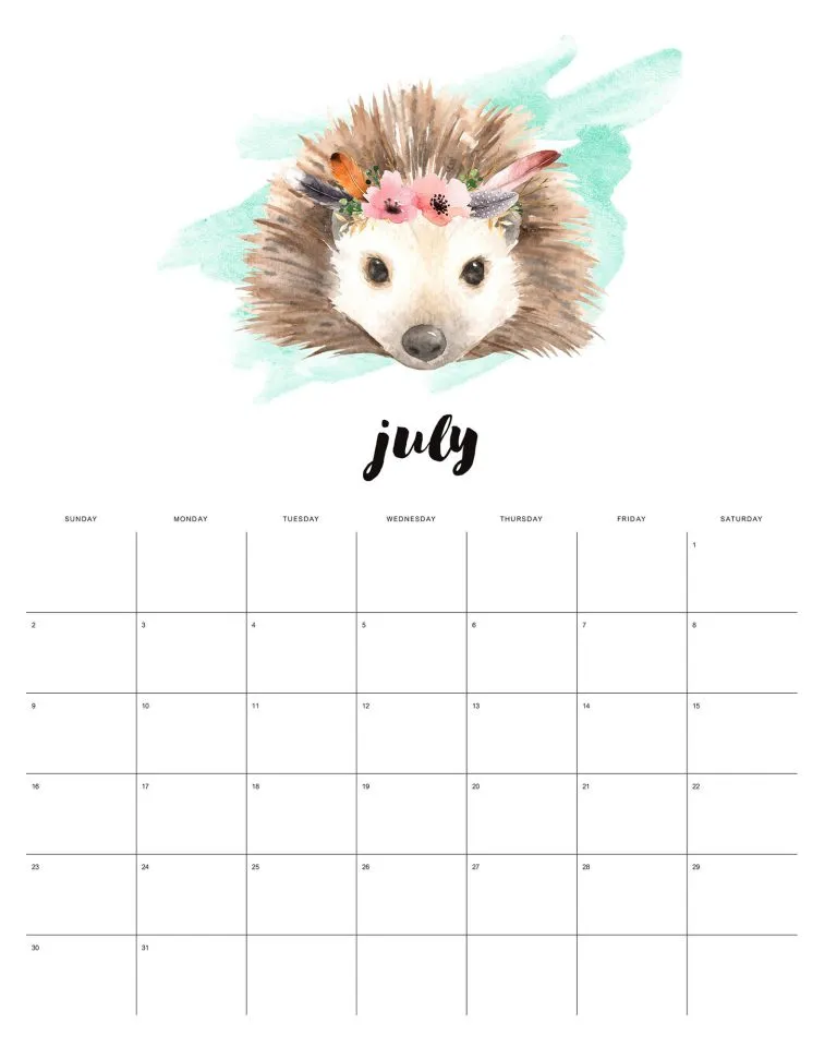 calendario 2023 animais aquarela julho