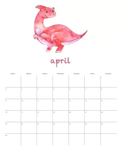 calendario 2023 dinossauro aquarela abril