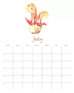 calendario 2023 dinossauro aquarela julho