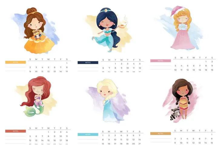 calendario 2023 princesas aquarela para imprimir